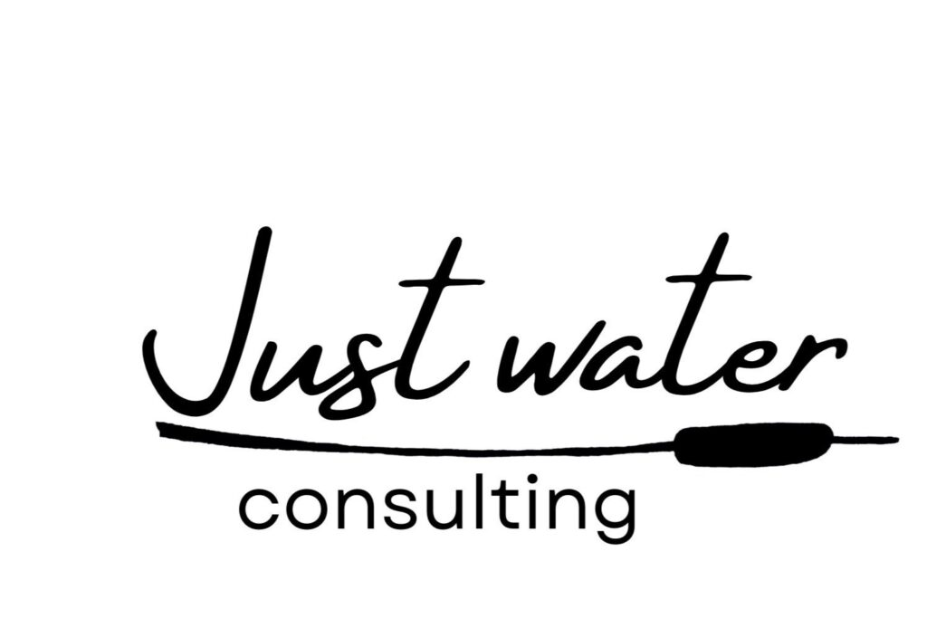 Logo with "Just water consulting" and a cattail illustration.