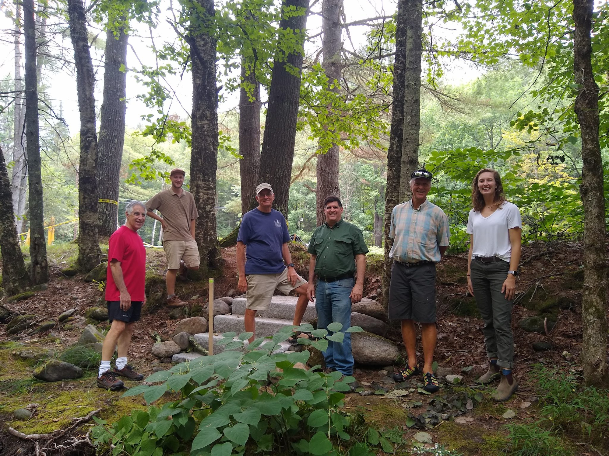 Six people standing on a woodland path surrounded by trees and greenery.