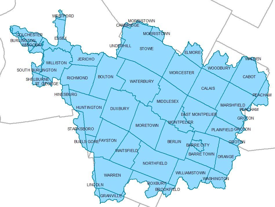 A map highlighting various locations such as Burlington, Montpelier, and Waterbury, divided by county or district boundaries.