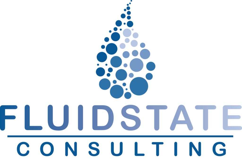 Logo with a cluster of blue bubbles forming a drop above the text "FLUIDSTATE CONSULTING".