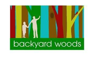 Silhouettes of two people in front of colorful trees with a bird, and the text "backyard woods" below.