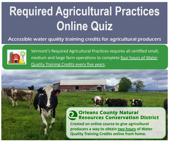 Online quiz offers water quality training credits for Vermont agricultural producers via Orleans County Natural Resources Conservation District.