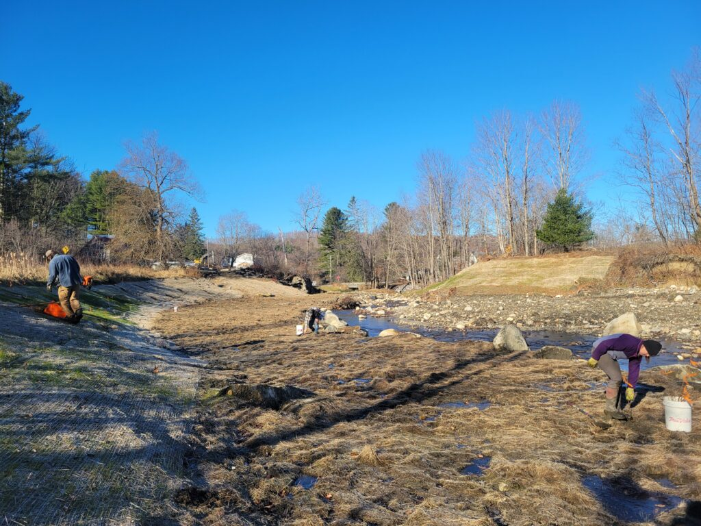 People working near a riverbank with trees and clear blue sky.