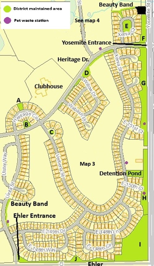 The image is a map showing residential areas, amenities like a clubhouse, and points of interest, marked with symbols.
