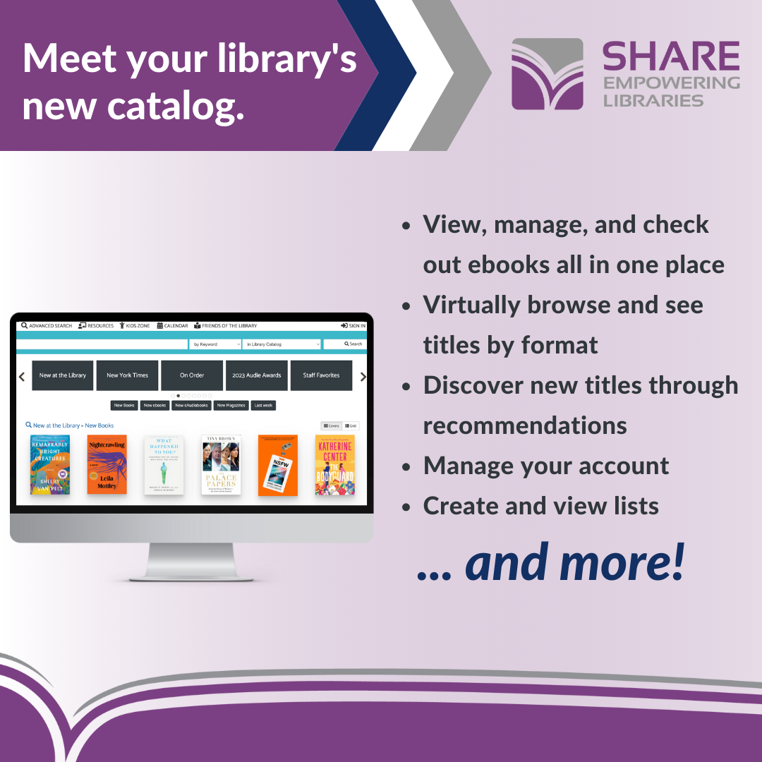 Library catalog ad highlighting ebook management, browsing, recommendations, account management, and list creation features.