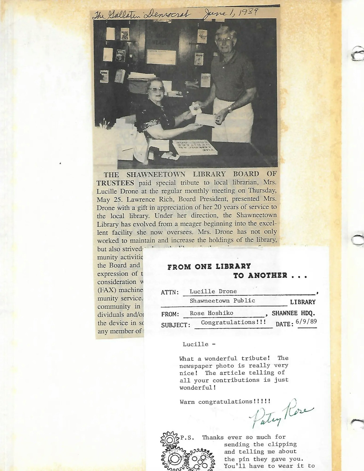 A newspaper article honors librarian Lucille Drone for 20 years of service. A congratulatory note is included.