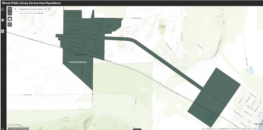 Map showing Illinois Public Library Service Area for Shawneetown Public Library, with highlighted regions and roads.