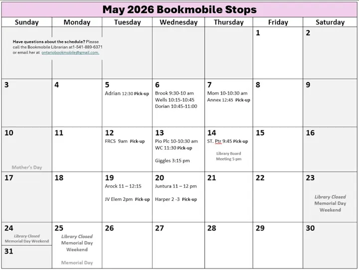 The image shows a May 2026 schedule for a bookmobile with various pickup locations on specific dates.