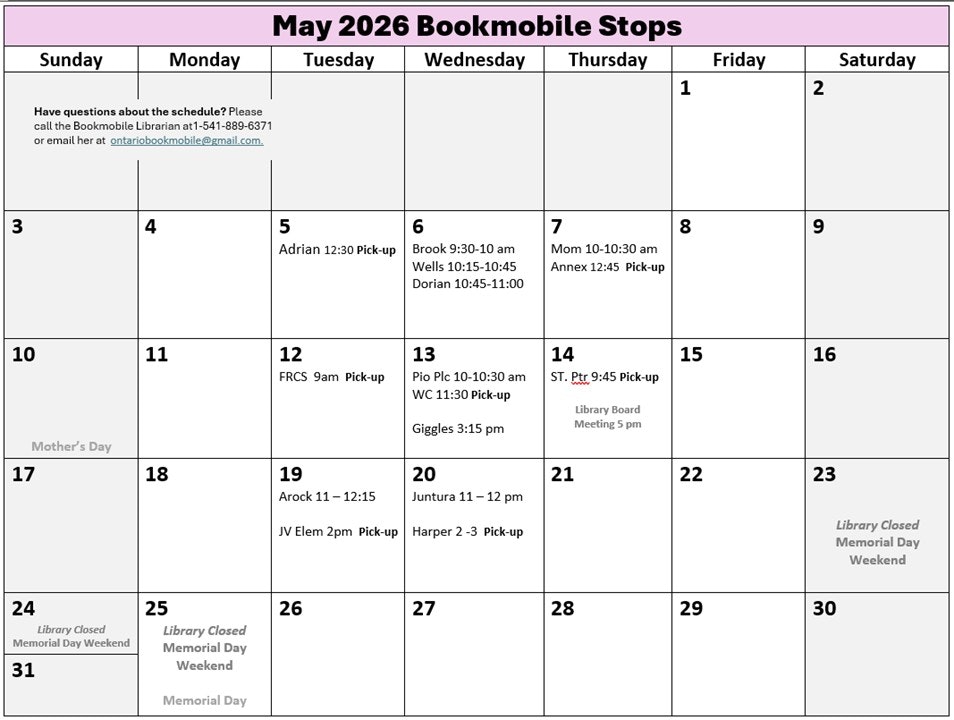 The image shows a May 2026 schedule for a bookmobile with various pickup locations on specific dates.