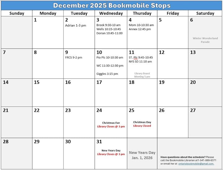 A schedule for December 2025 bookmobile stops, including times and locations. Key dates include Christmas Eve and New Year's Day.