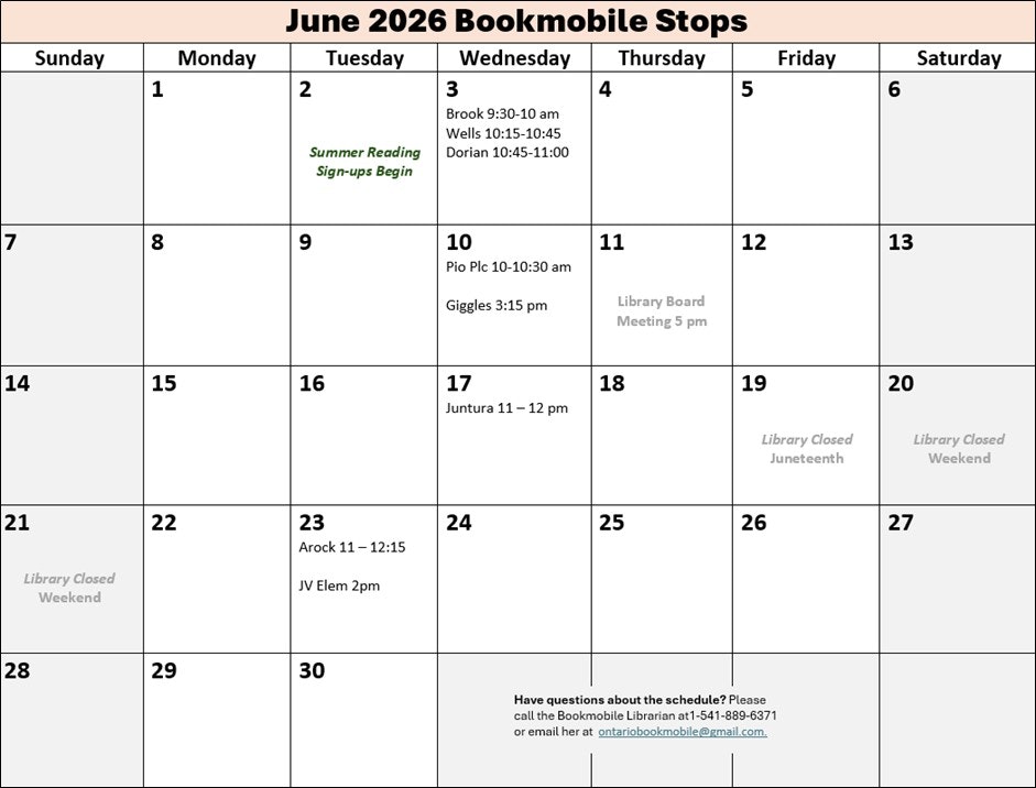 A calendar for June 2026 showing bookmobile stops, events, and library closures, including Summer Reading sign-ups.