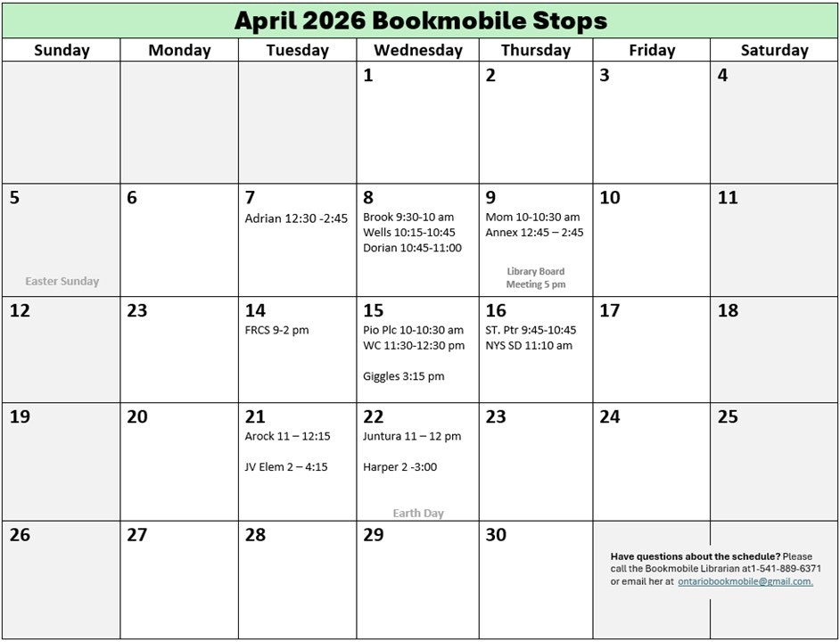 A calendar for April 2026 showing bookmobile stops and events scheduled throughout the month.