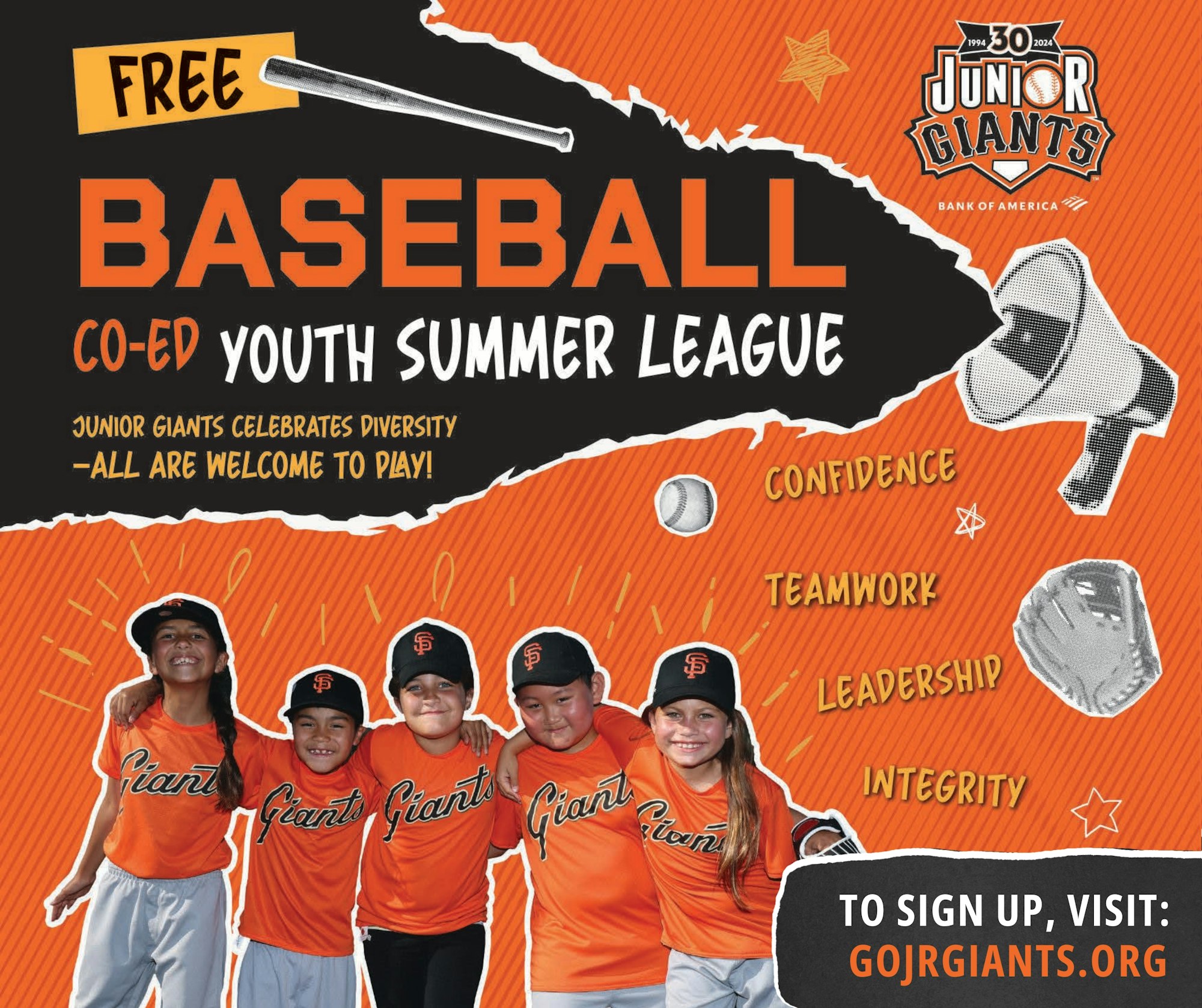 A colorful advertisement for a free co-ed youth summer baseball league, emphasizing diversity and values like confidence and teamwork.