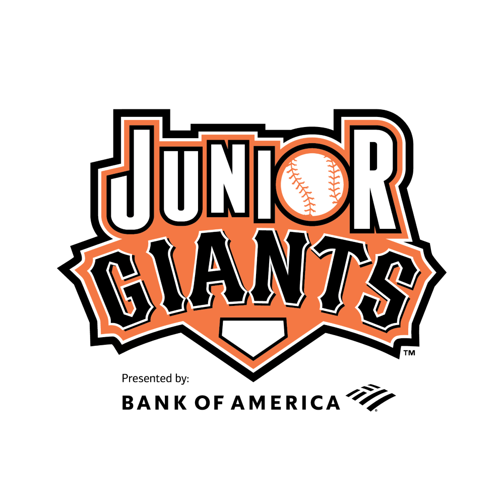 Logo of "Junior Giants" with stylized text and a baseball. Black and orange colors dominate.