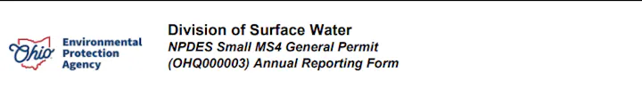 The image shows an annual reporting form for the NPDES Small MS4 General Permit by the Ohio Environmental Protection Agency.