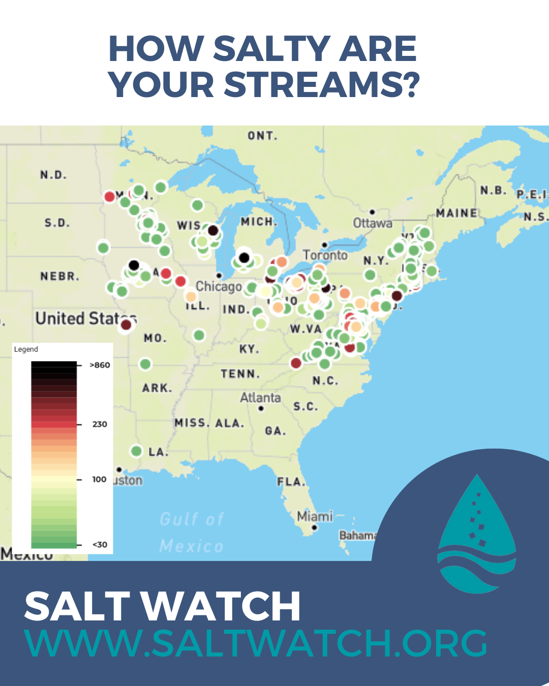 The image shows a map of the U.S. indicating salt levels in streams, with a color-coded legend for salinity.