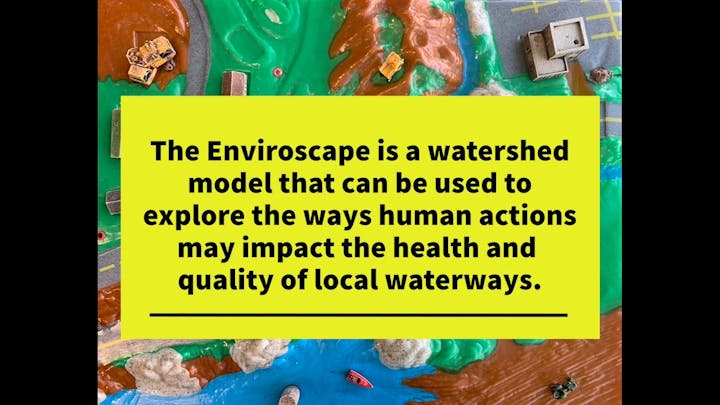 The image describes the Enviroscape model, used to explore human impact on the health of waterways.