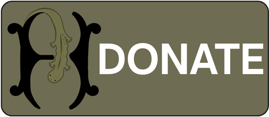 A salamander-like creature forms the "H" in "DONATE" on a khaki background.