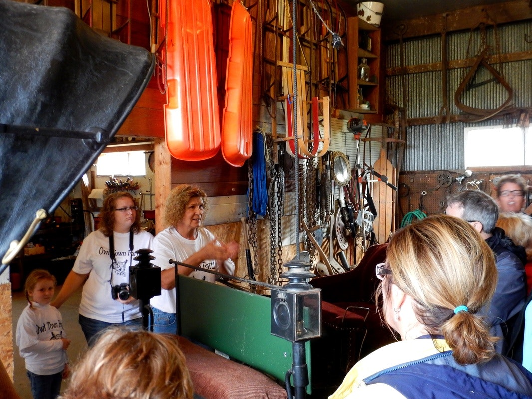 A group of people in a workshop or barn, with sleds and tools hanging on the wall.
