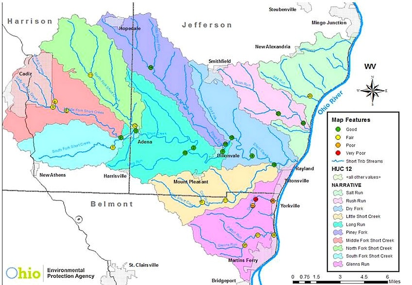 Map of watersheds in Ohio with color-coded features for environmental quality: good, fair, poor, and very poor.