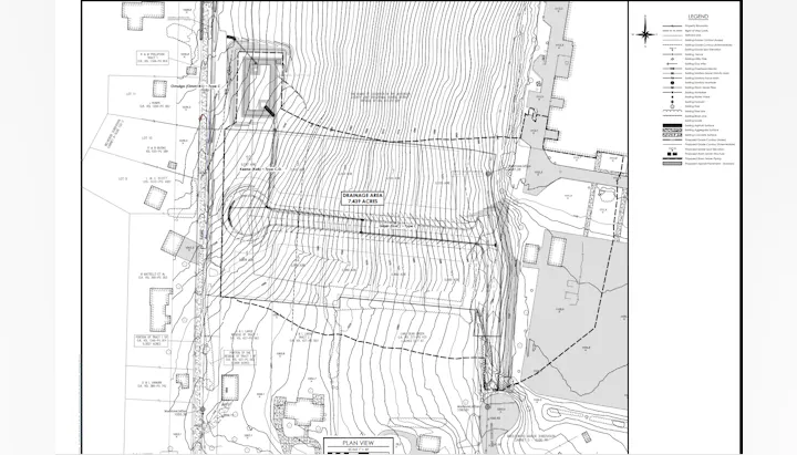 Topographical map of a drainage area (7.439 acres) with contour lines, building footprints, and a legend.