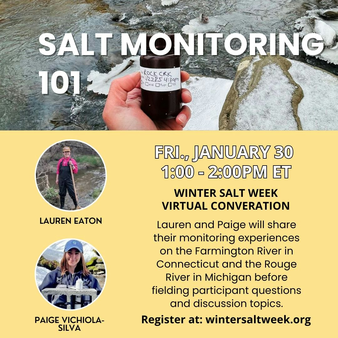 The image promotes a virtual event on salt monitoring, featuring Lauren Eaton and Paige Vichiola-Silva, on January 30.