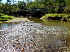A stone bridge over a calm river with surrounding greenery on a sunny day.