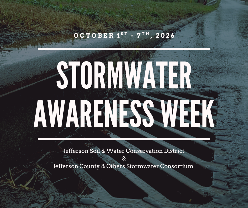 The image promotes Stormwater Awareness Week from October 1-7, 2026, by the Jefferson Soil & Water Conservation District and partners.