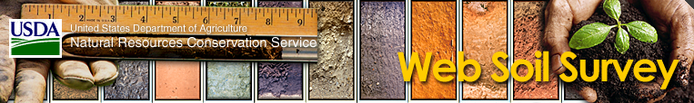 USDA Natural Resources Conservation Service logo, various soil samples, and hands holding soil and a seedling; text reads "Web Soil Survey."