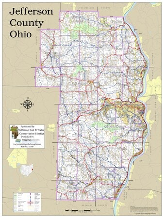 Map of Jefferson County, Ohio, showing roads, towns, geographic features, and local districts.