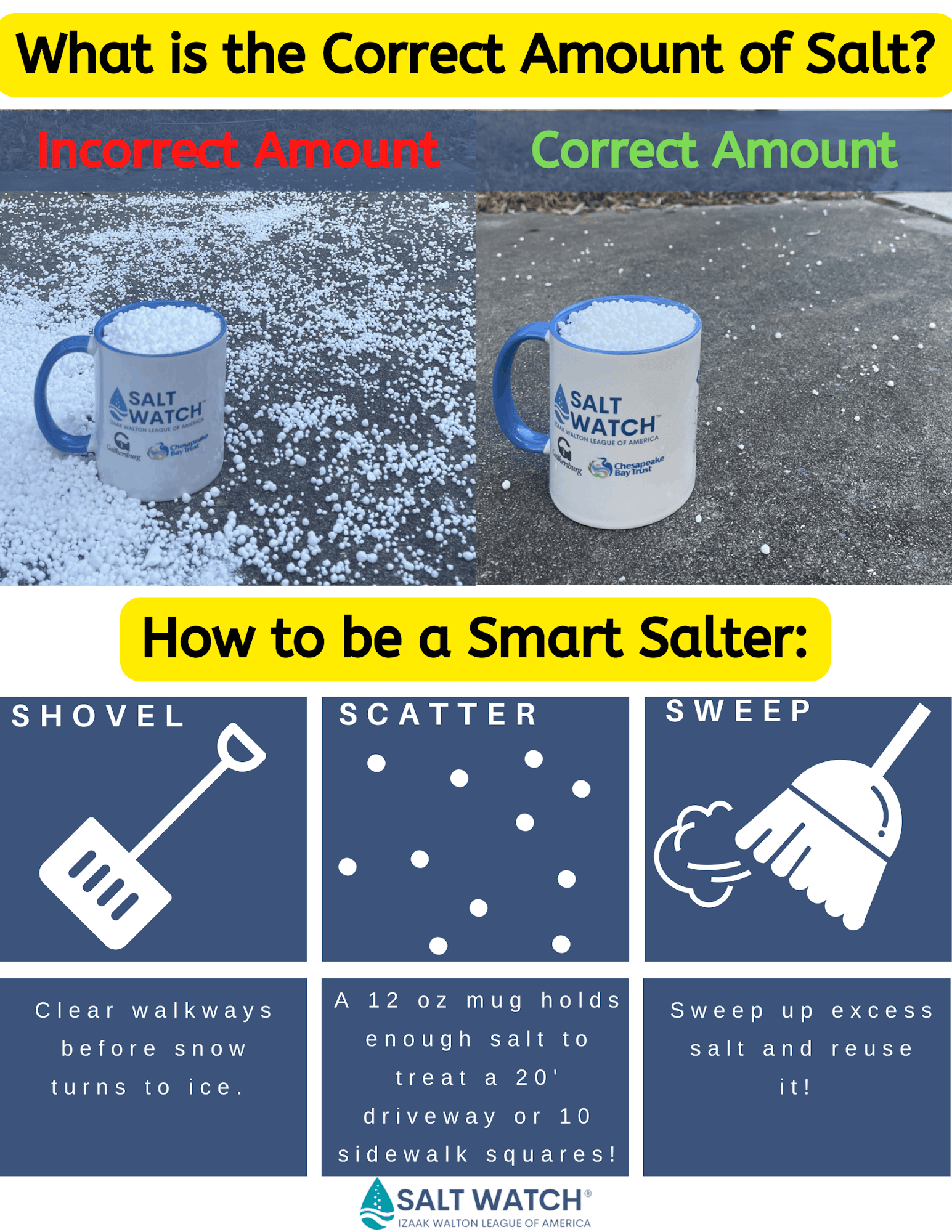 Image shows correct vs. incorrect salt amounts for ice management, plus tips on using the right amount of salt effectively.