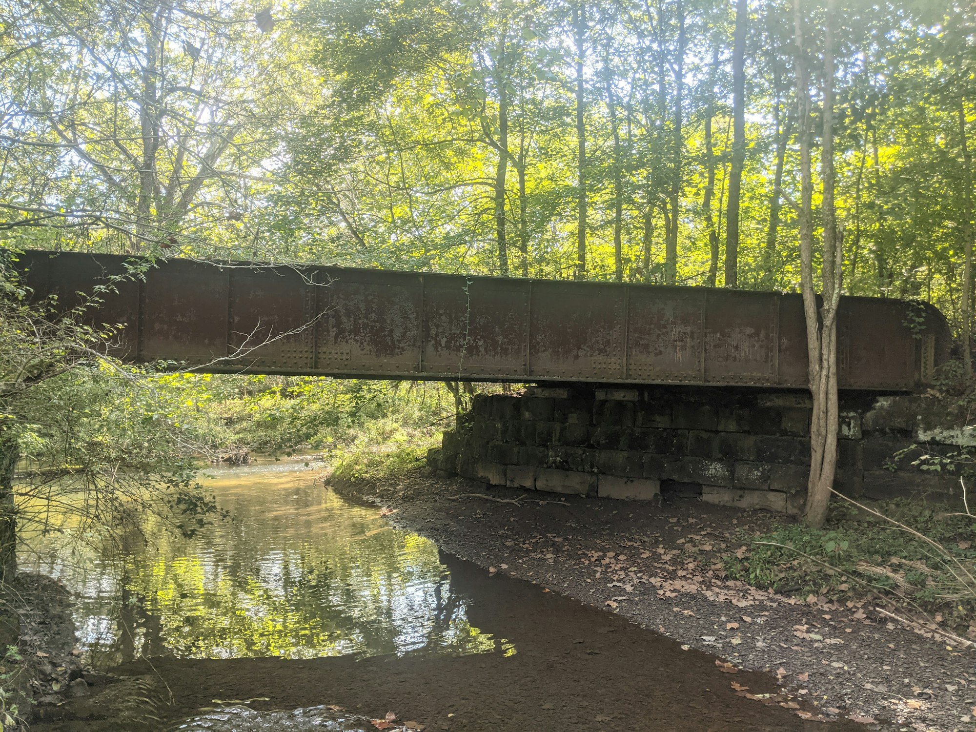 A rusty metal bridge over a small creek surrounded by lush green trees.