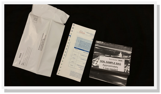 A soil sample kit with a soil sample bag, a data form, and an envelope for submission.