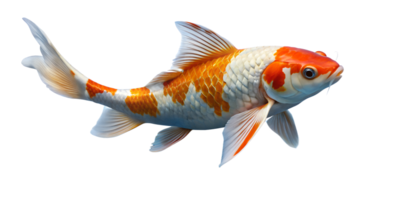 A colorful koi fish with orange, white, and gray scales swimming against a plain background.