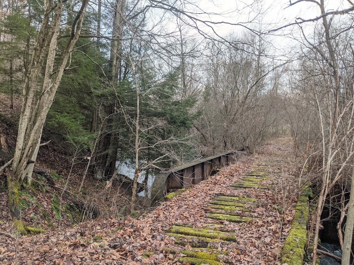 An old, abandoned railway bridge covered in leaves and moss, surrounded by leafless trees in a wooded area.
