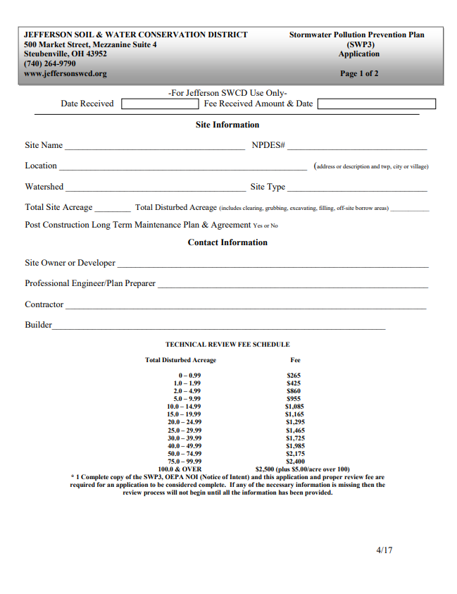 Application form for stormwater pollution prevention, including site info, contact details, and fee schedule based on disturbed acreage.