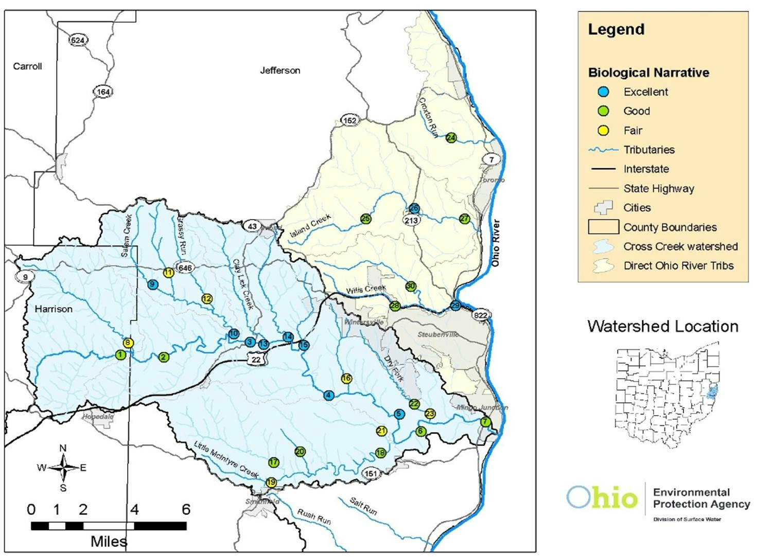 Map of Cross Creek watershed, Ohio, showing water quality (excellent, good, fair) with highways, boundaries, and tributaries.
