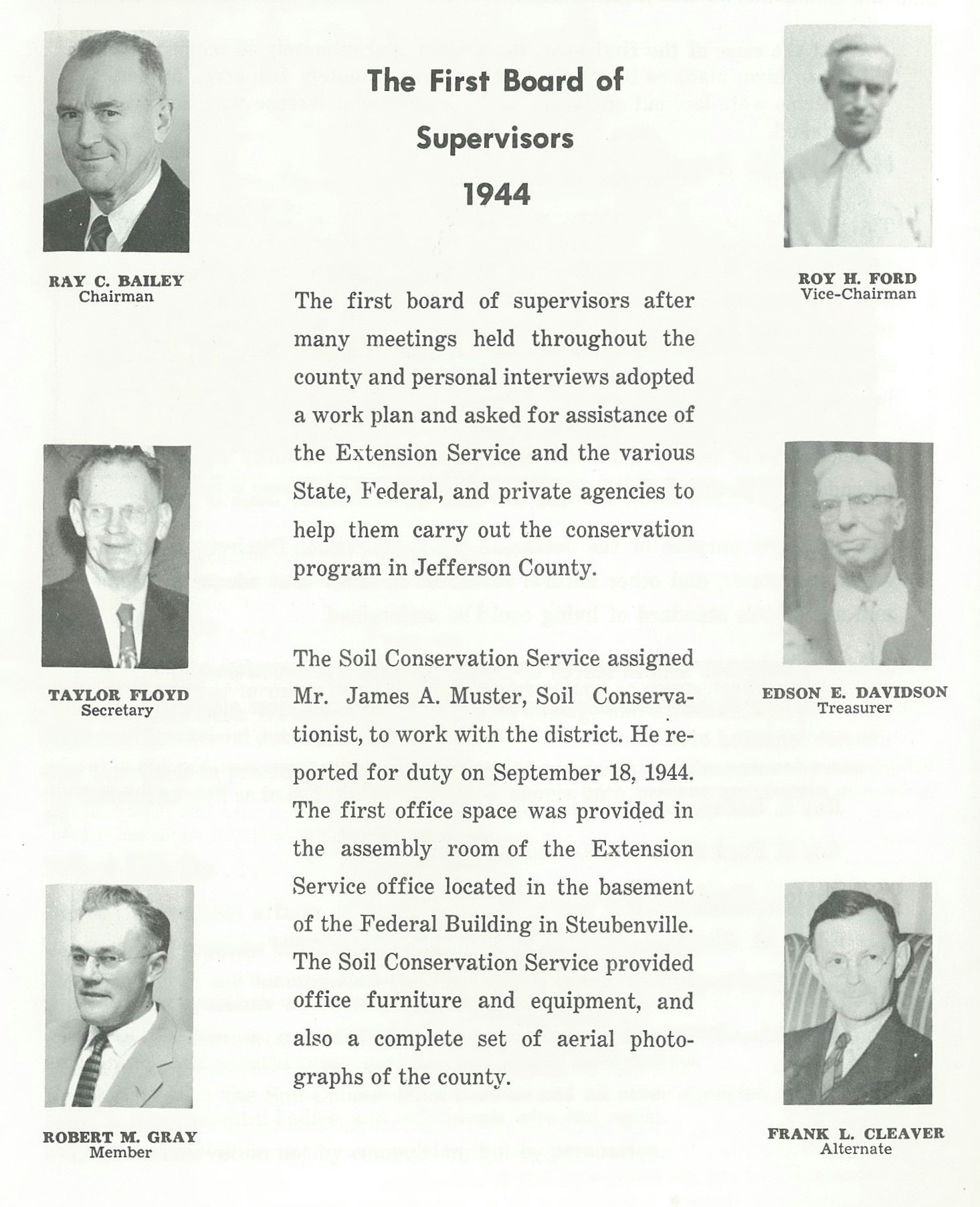 Photos and text about the First Board of Supervisors in 1944, Jefferson County, and the Soil Conservation Service.