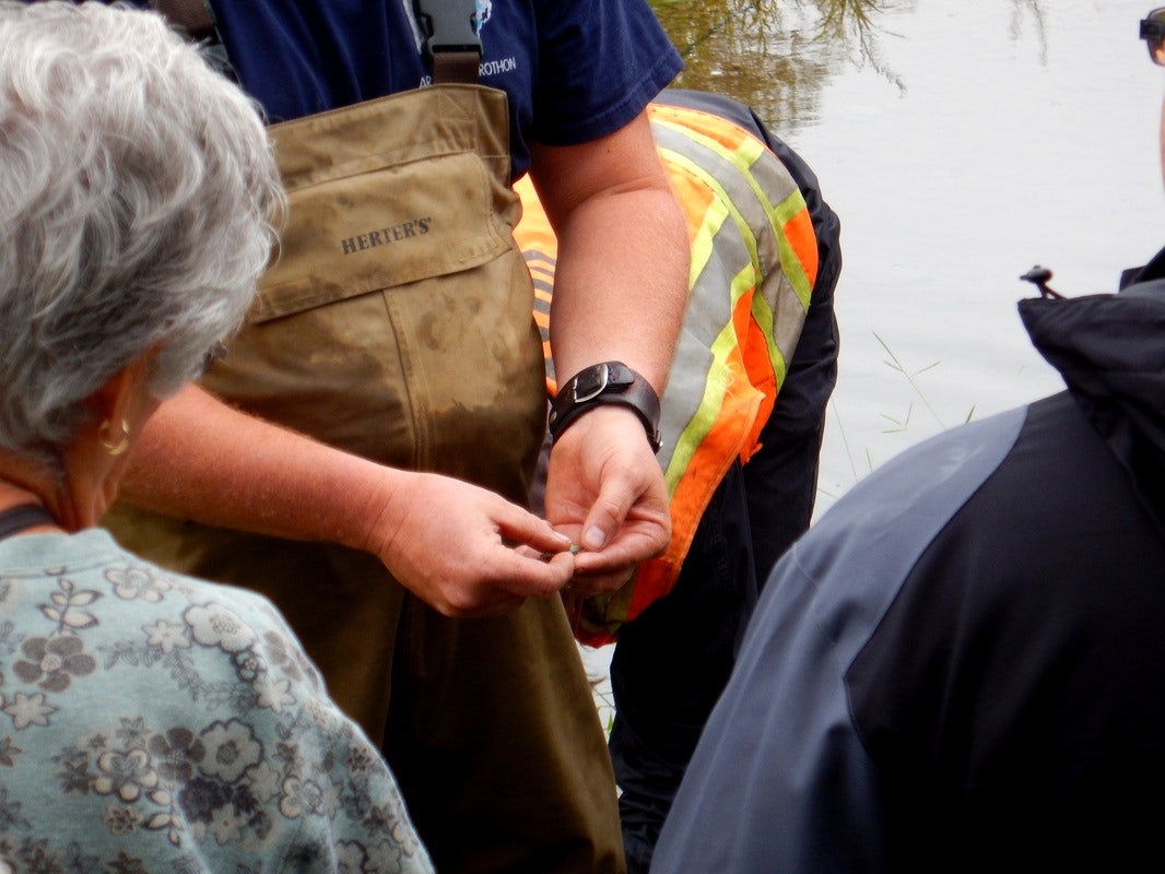 Person in waders and high-visibility vest showing something to a small group near water.