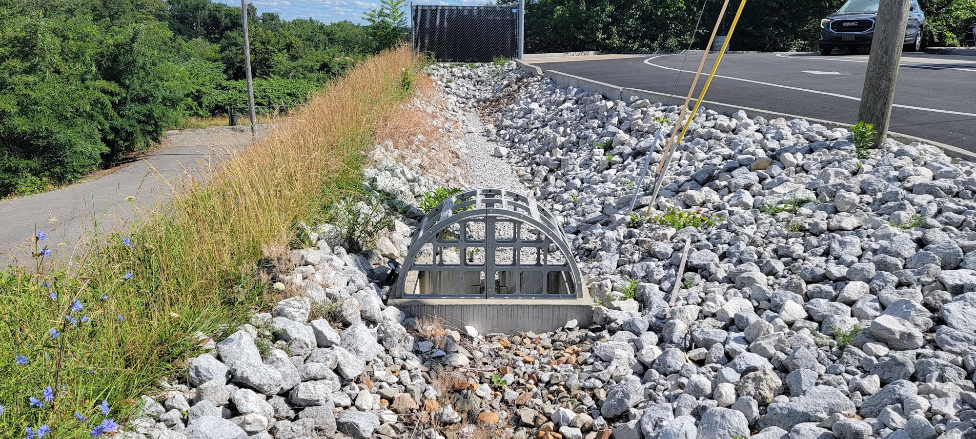 A culvert with a metal grate surrounded by rocks, alongside a road and grassy area with wildflowers.