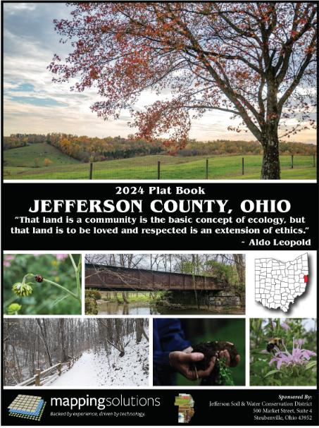 Cover of the 2024 Plat Book for Jefferson County, Ohio, featuring nature images and a quote by Aldo Leopold.
