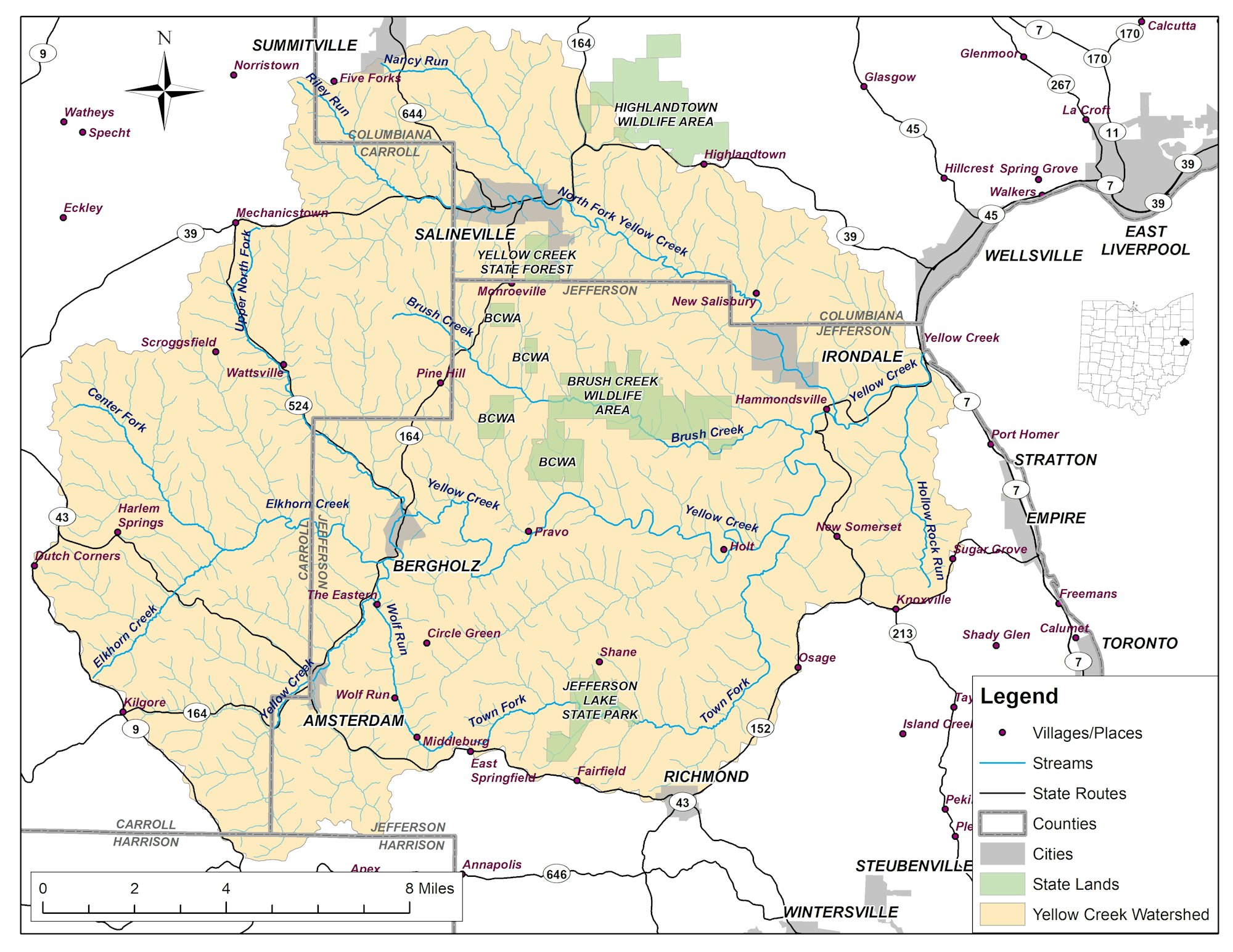 Map of Yellow Creek Watershed showing villages, streams, state routes, and state lands in Ohio.