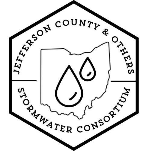 Hexagon with "Jefferson County & Others Stormwater Consortium" text, Ohio outline, and two water droplets inside.