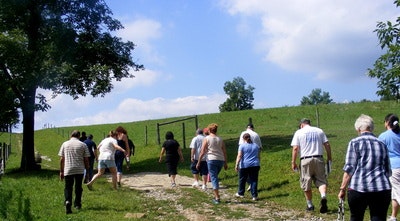 A group of people walking up a grassy hill under a partly cloudy sky.