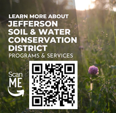 A QR code for Jefferson Soil & Water Conservation District programs and services, set against a field with grass and flowers.