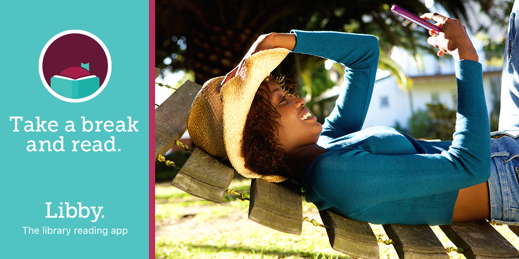 A woman relaxing outdoors in a hammock, using her phone to read, promoting the Libby library reading app.