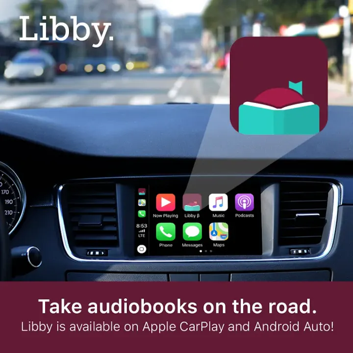 The image promotes the Libby app for listening to audiobooks in your car via Apple CarPlay and Android Auto.