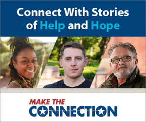 The image promotes connecting with stories of support and inspiration, featuring three diverse individuals.