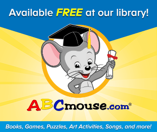 Promotional image for ABCmouse.com, offering free access to books, games, puzzles, and activities at a library.