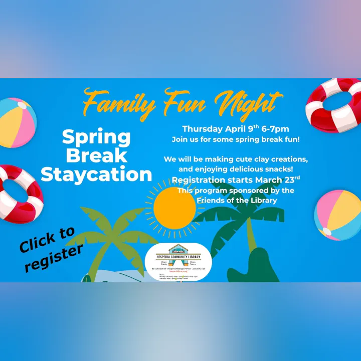 Event announcement for "Family Fun Night" on April 9th, promoting clay creations and snacks at Hesperia Community Library.